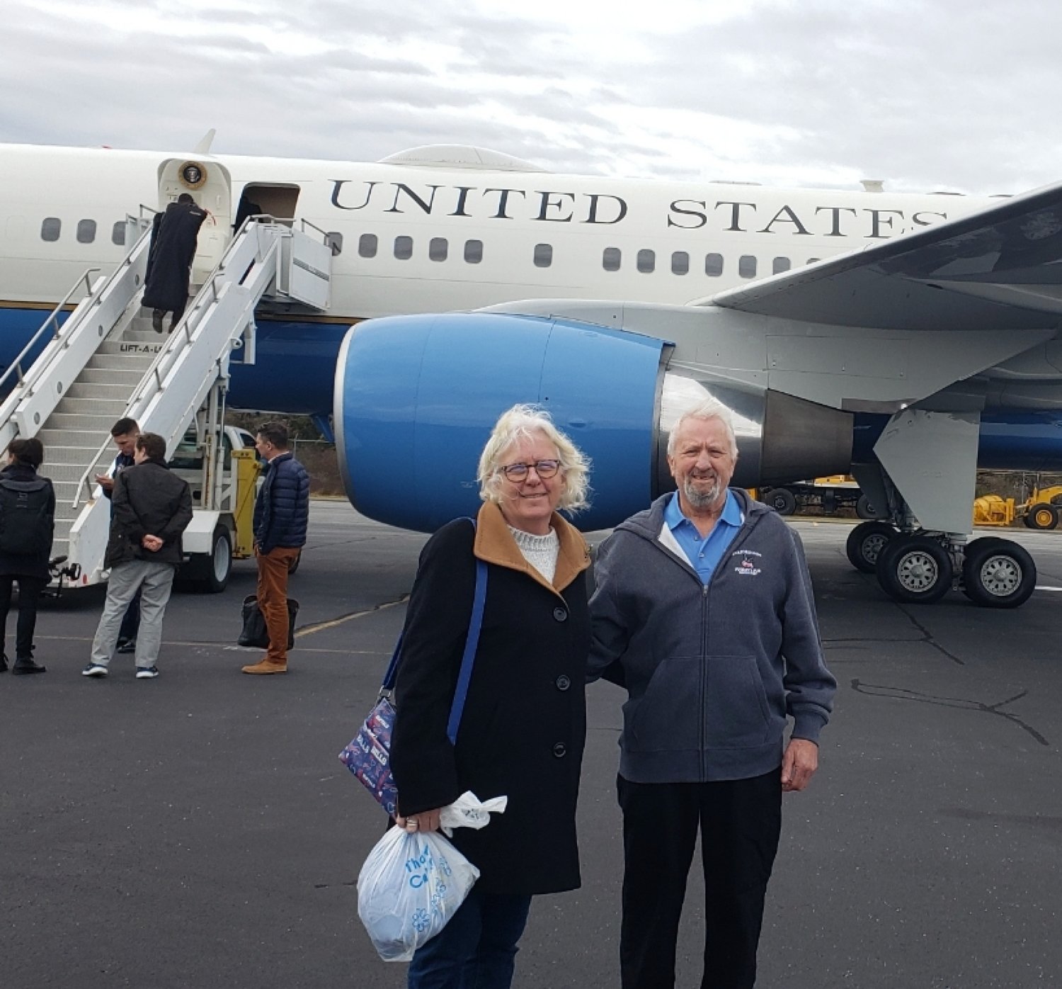 Bill and Kim Puder of Faregrounds Restaurant in front of Air Force One Sunday, just before greeting President Joe Biden. Bill Puder has cooked more than 20 Thanksgiving dinners for the Biden family during their holiday visits to the island that date back to the mid-1970s.