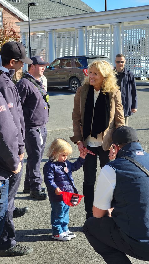 First lady Jill Biden and her grandson Beau at the Nantucket firehouse Thanksgiving morning.