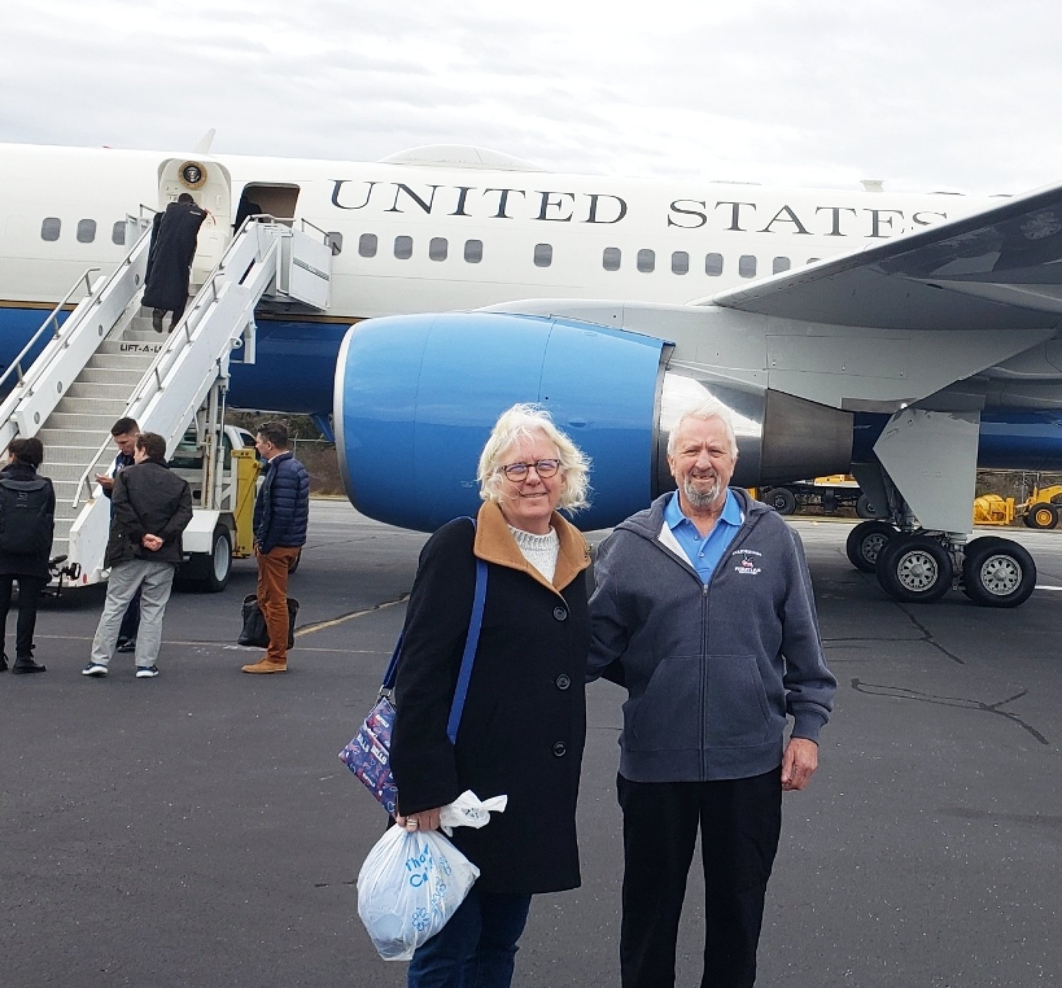 Bill and Kim Puder of Faregrounds Restaurant in front of Air Force One Sunday, just before greeting President Joe Biden and first lady Jill Biden. Bill Puder cooked numerous Thanksgiving dinners for the Biden family during their holiday visits to the island that date back to the mid-1970s when Joe Biden was a senator from Delaware.