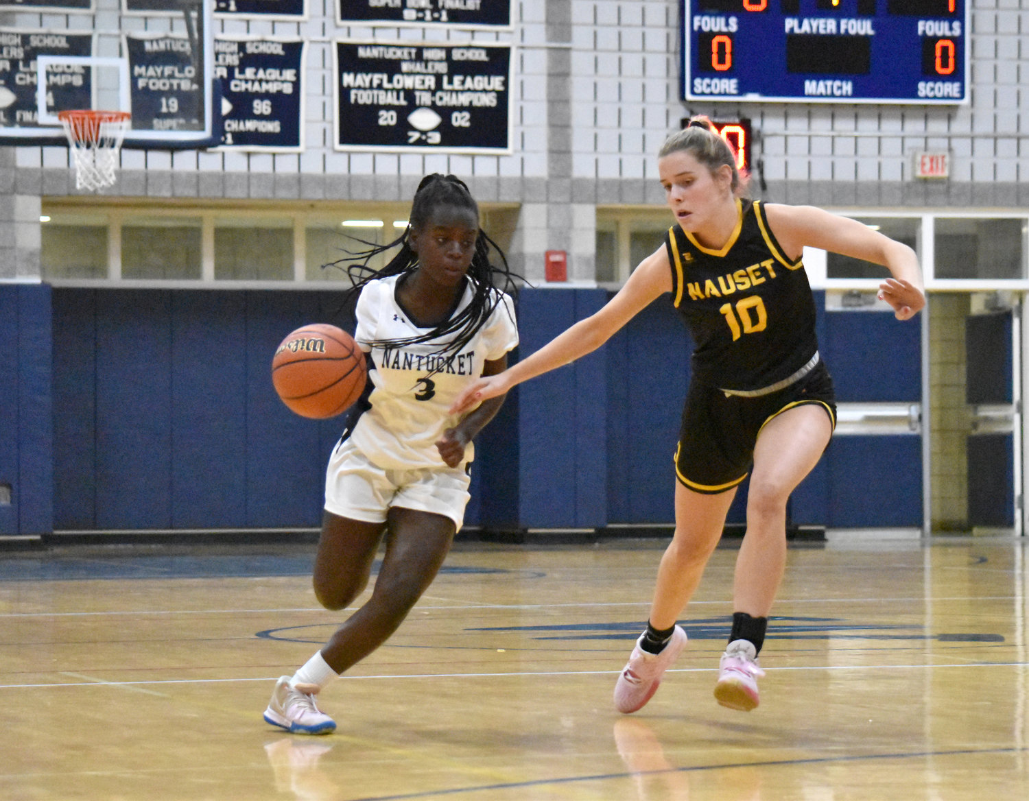 Ciara Barnett dribbles past a Nauset defender during the Whalers’ season opener Tuesday. Barnett led the Whalers with 15 points.