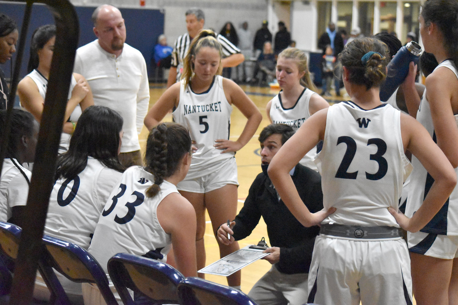 Head coach Raf Osona draws up a play during a timeout in Tuesday’s home opener against Nauset.