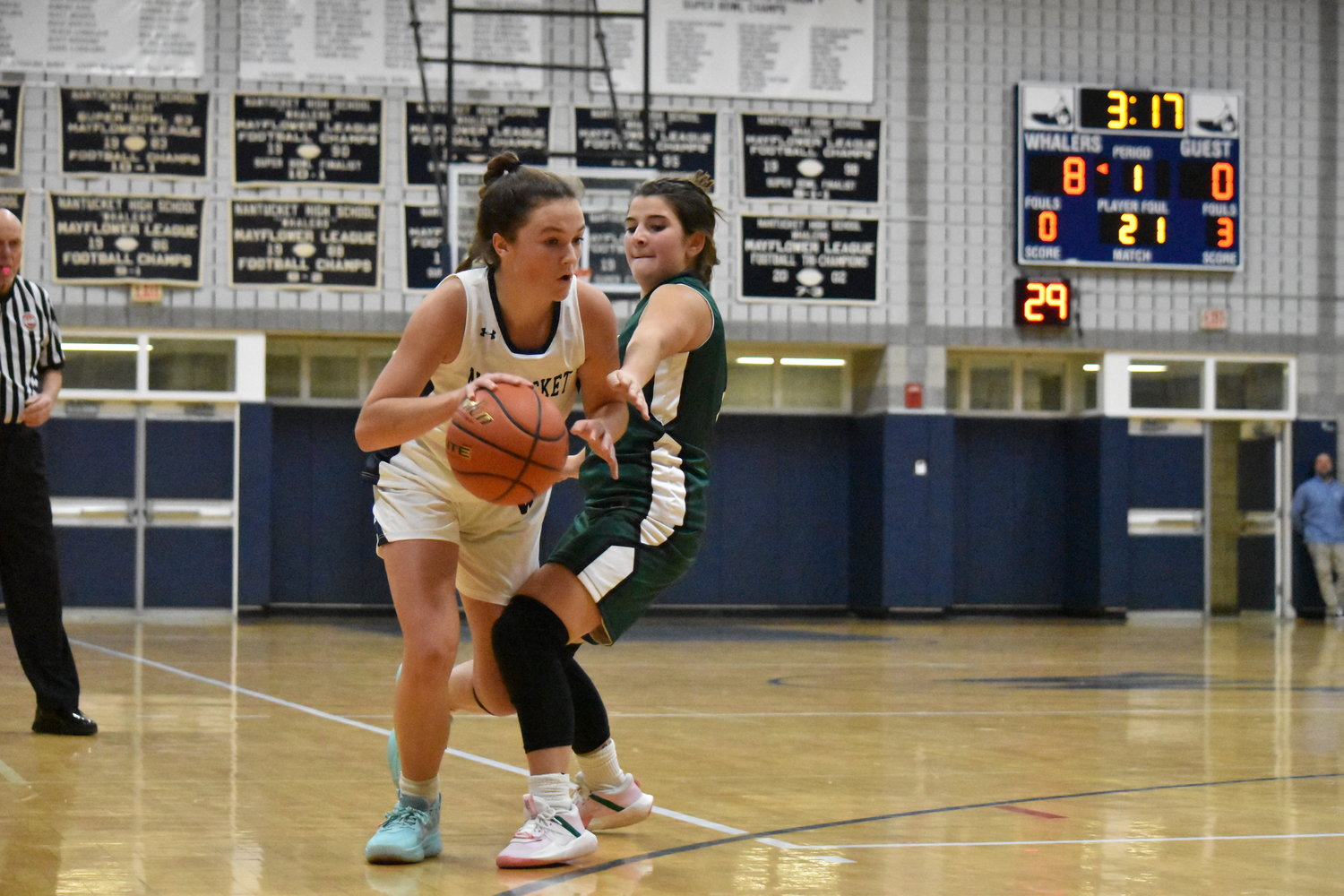 Maddie Lombardi dribbles past a Sturgis West defender during the Whalers' 40-24 win Thursday.