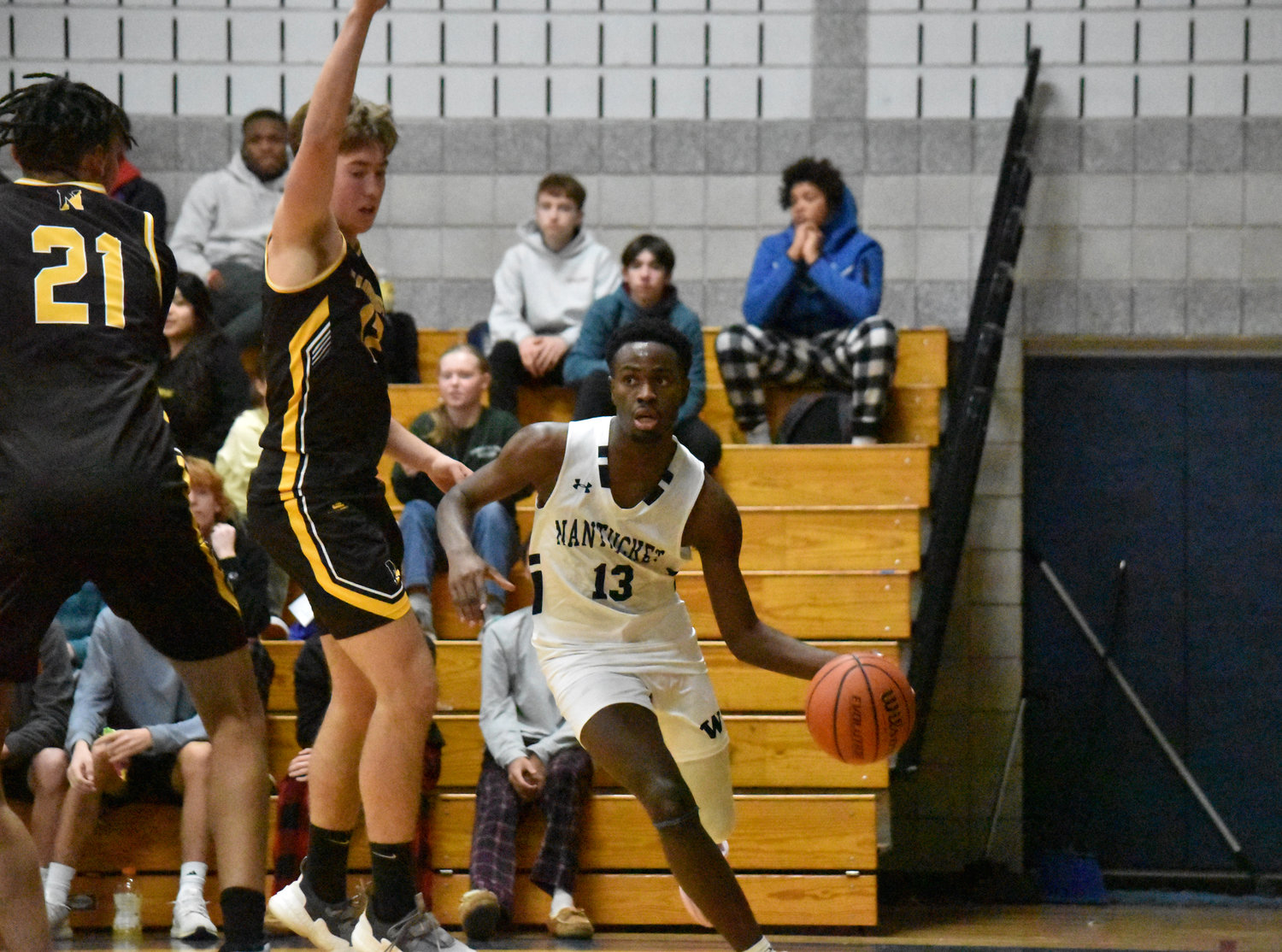 Jayquan Francis dribbles along the baseline during last Thursday’s game against Nauset.