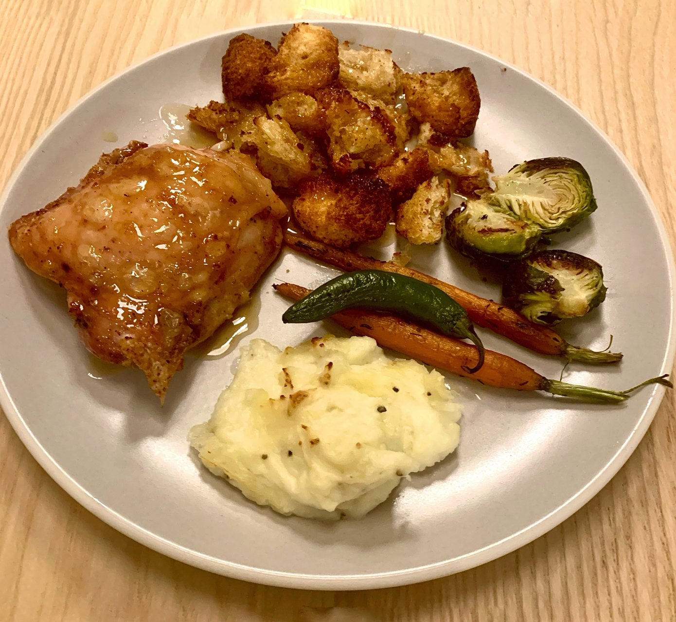 Roasted chicken with fish sauce and crunchy croutons, make-ahead mashed potatoes and grilled vegetables.