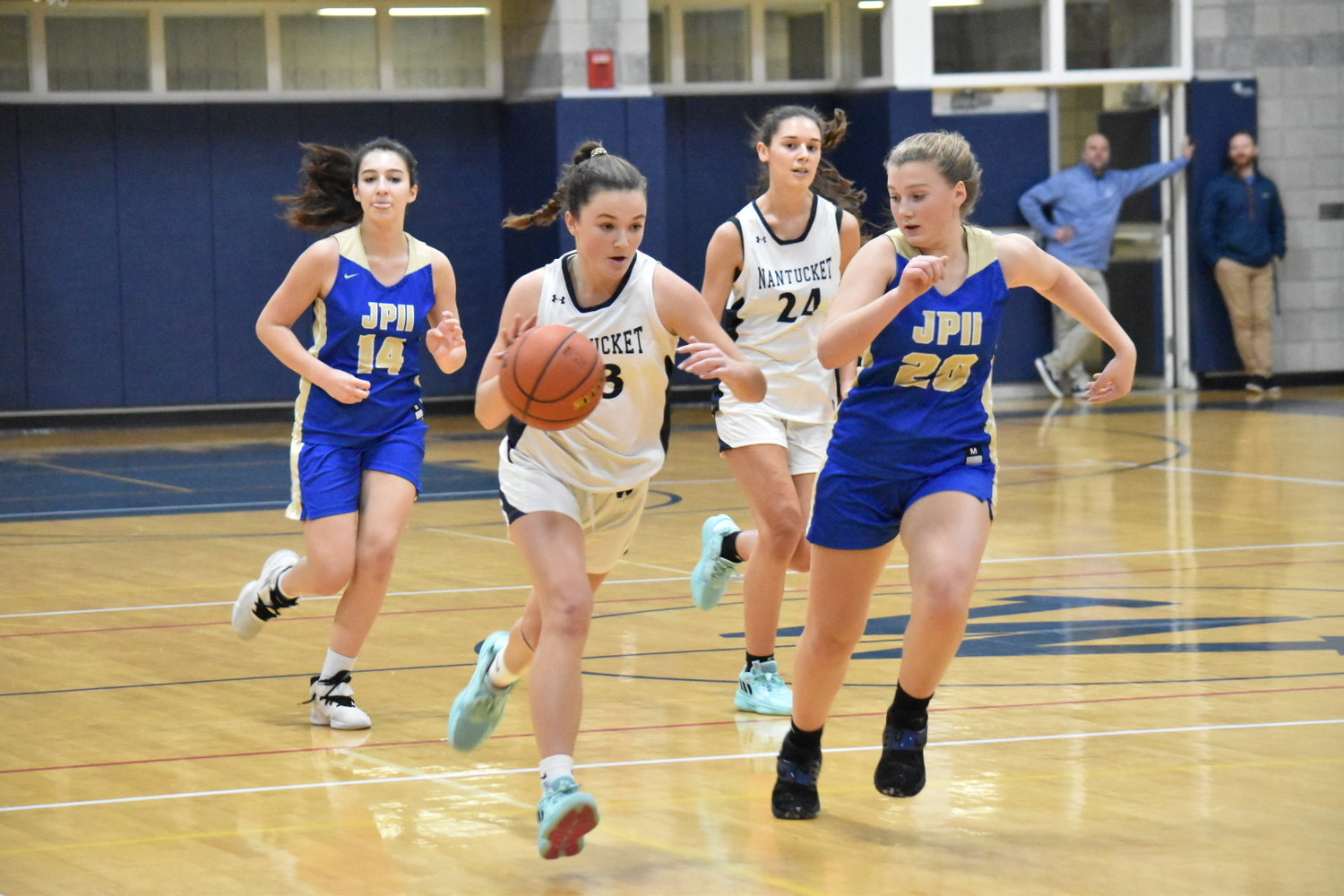 Maddie Lombardi dribbles up the court during Friday's game against St. John Paul II. The sophomore led the Whalers with 15 points in the 50-35 loss.