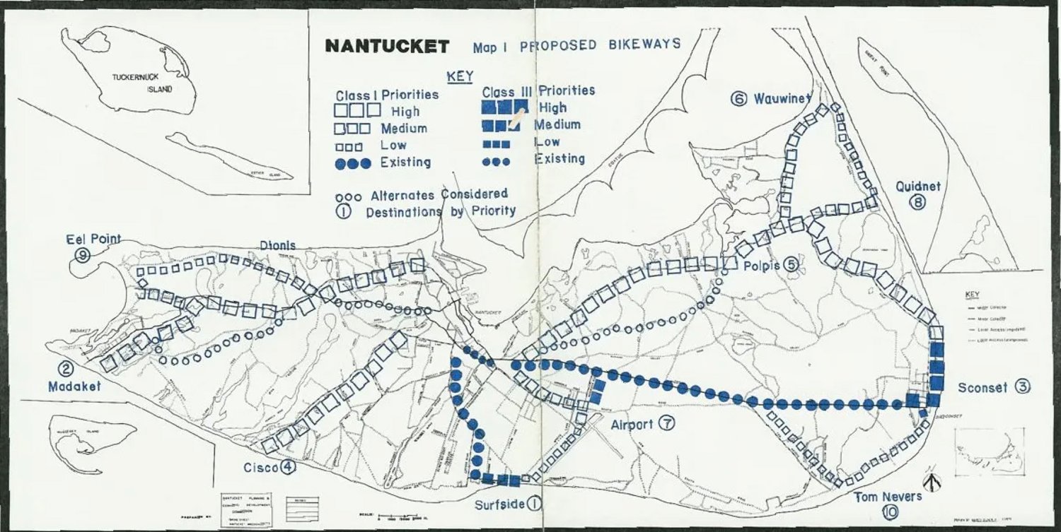 A copy of the town's 1977 Bicycle Master Plan shows the proposed path to Wauwinet in the top right corner.