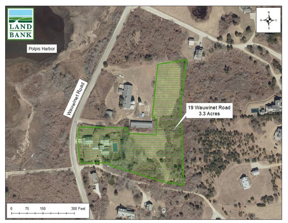 The Land Bank's Eat Fire Spring Farm property off Wauwinet Road, shaded in green.