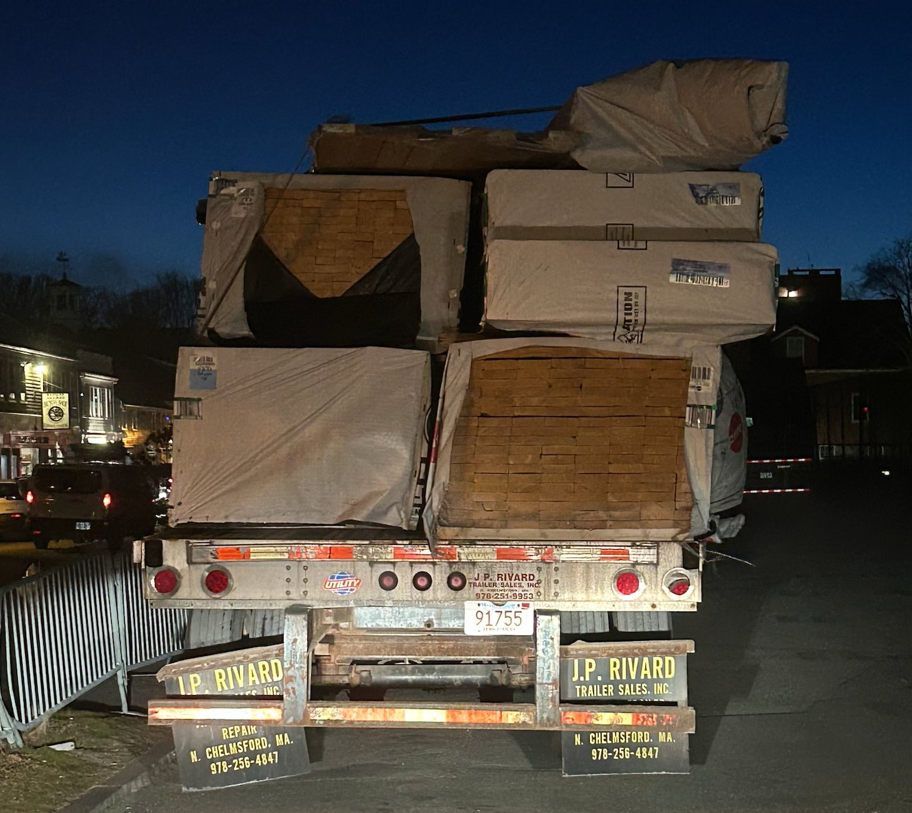A load of building materials on this Marine Lumber truck shifted during Friday's rocky boat ride from Hyannis to Nantucket, but nothing broke loose.
