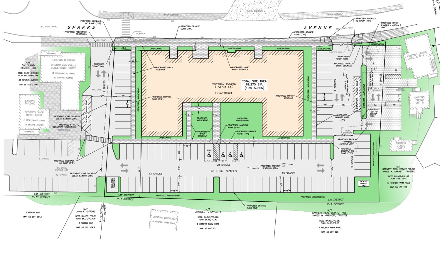 The most recent plan for the string of properties along Sparks Avenue across from the Stop & Shop calls for a single building stretching 60 feet along the street.