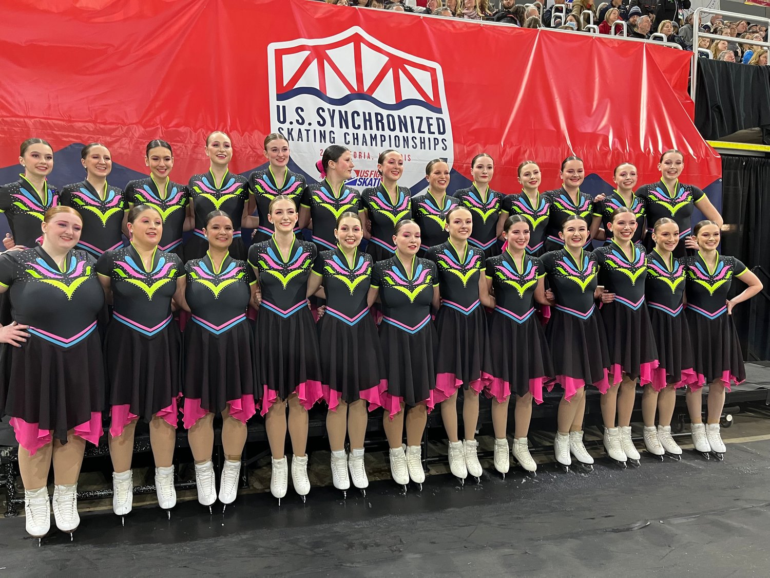 The University of Delaware collegiate synchronized skating team, which includes Nantucket’s Amanda Mack, back row, center, finished sixth at last weekend’s U.S. Synchronized Skating Championships.