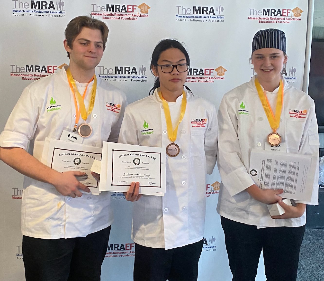 Nantucket High School's Evan Keeler, Suppanant "Guy" On-In and Alice O'Banion finished third in Tuesday's Massachusetts Restaurant Association ProStart Invitational competition at Gillette Stadium in Foxboro.
