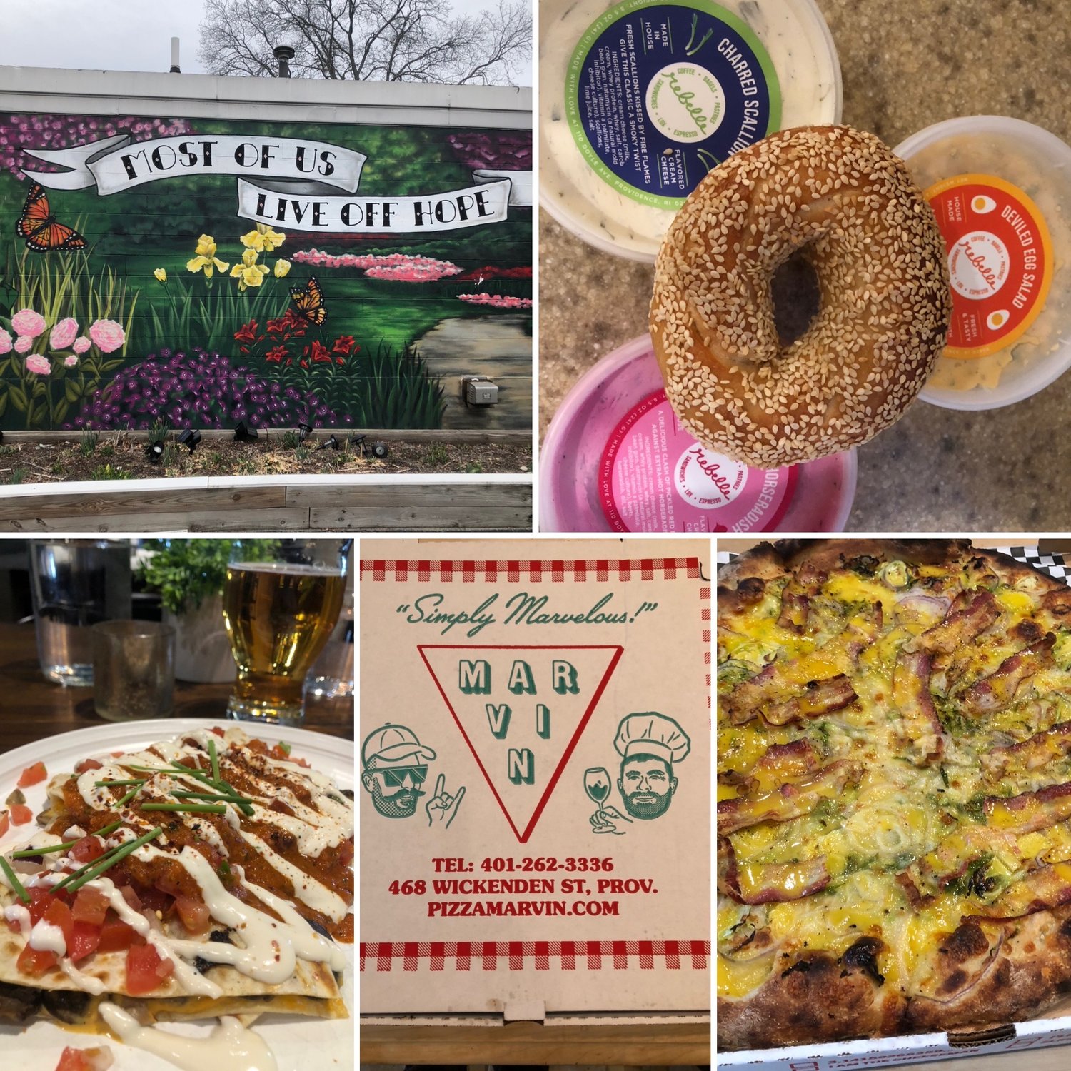 Clockwise from top left: A painted outdoor wall mural on Hope Street in Providence, R.I.; Assorted bagel spreads from Rebelle Artisan Bagels; A quesadilla topped with Vegan Cashew Crema from Besina restaurant in Plant City; A Pizza Marvin take-out pizza box; Pizza Marvin’s Carbonara Pizza with Brussels sprouts, pancetta, egg and pecorino.