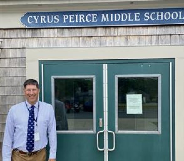 Principal Mike Horton outside Cyrus Peirce School.