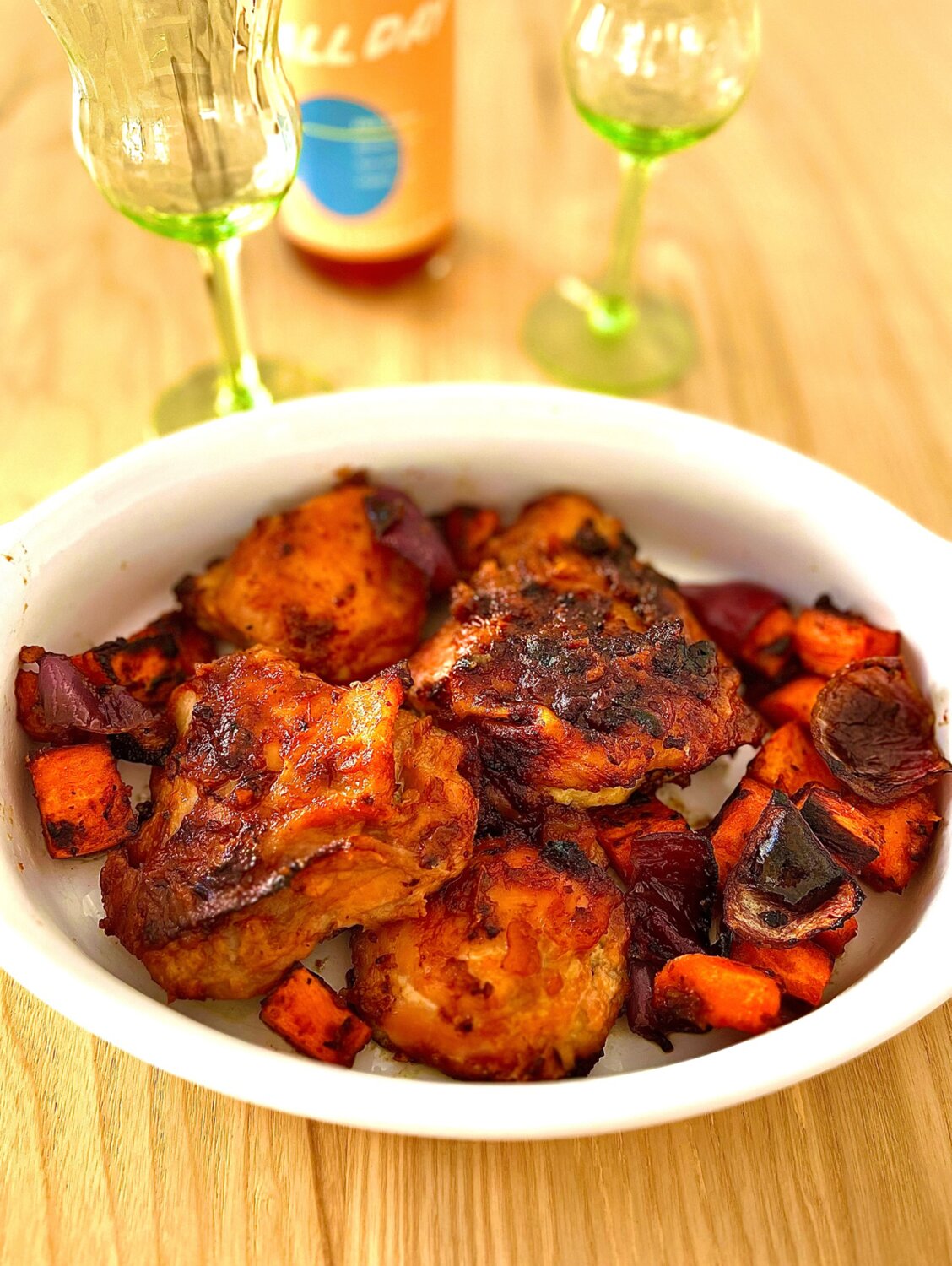 Miso Chicken with Crispy Shallots and Sweet Potatoes.