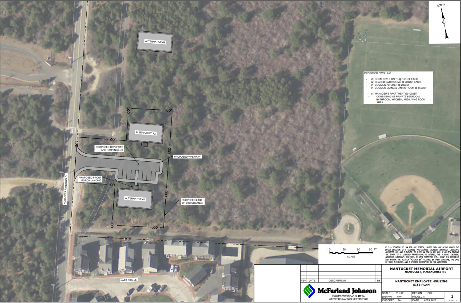 The three boxes represent the proposed locations for airport housing off Nobadeer Farm Road. The Airport Commission chose the option just north of the parking lot. The Park Circle subdivision is to the south.