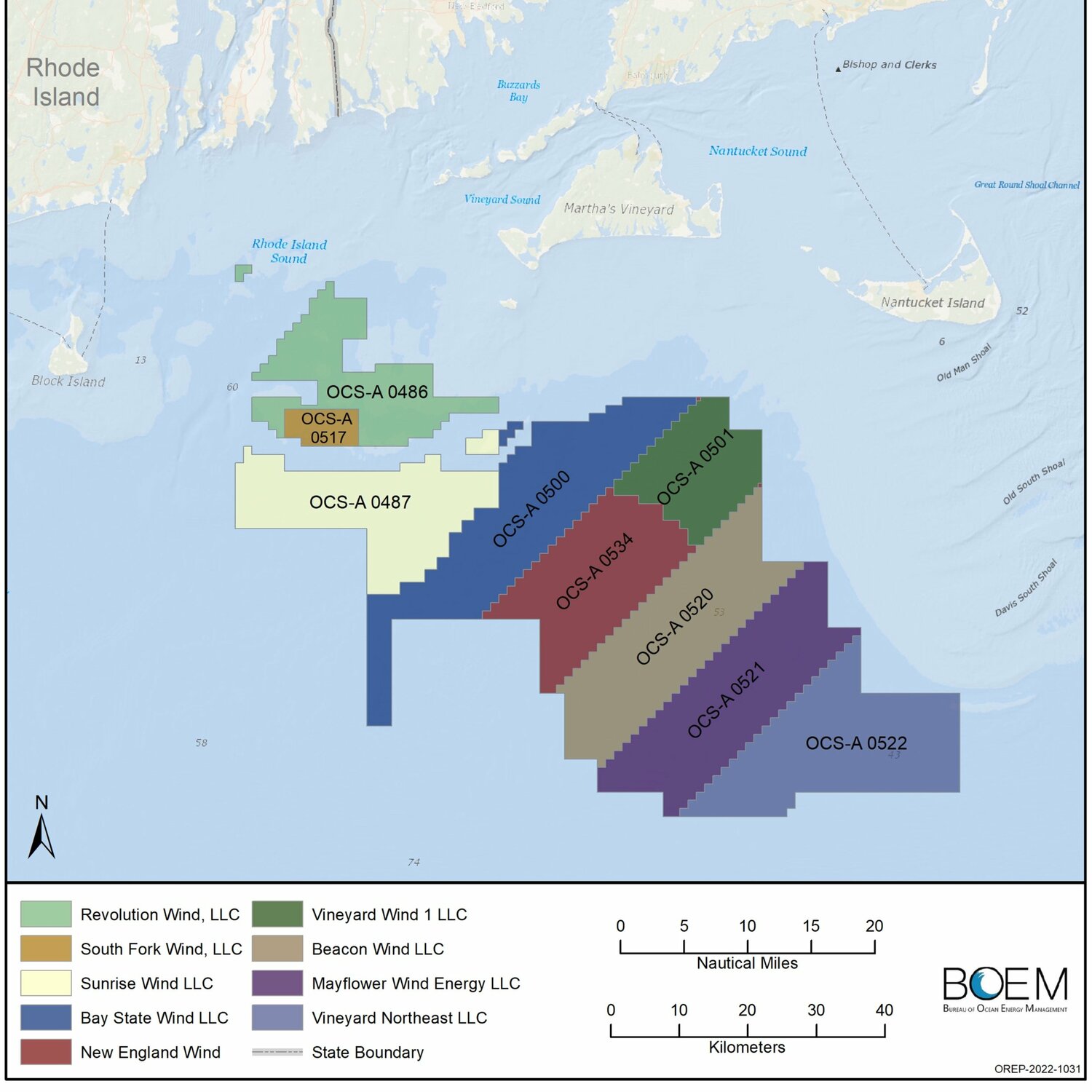 Federal waters south of Nantucket and Martha's Vineyard leased for offshore energy development. The Vineyard Wind lease area is in green closest to Nantucket.