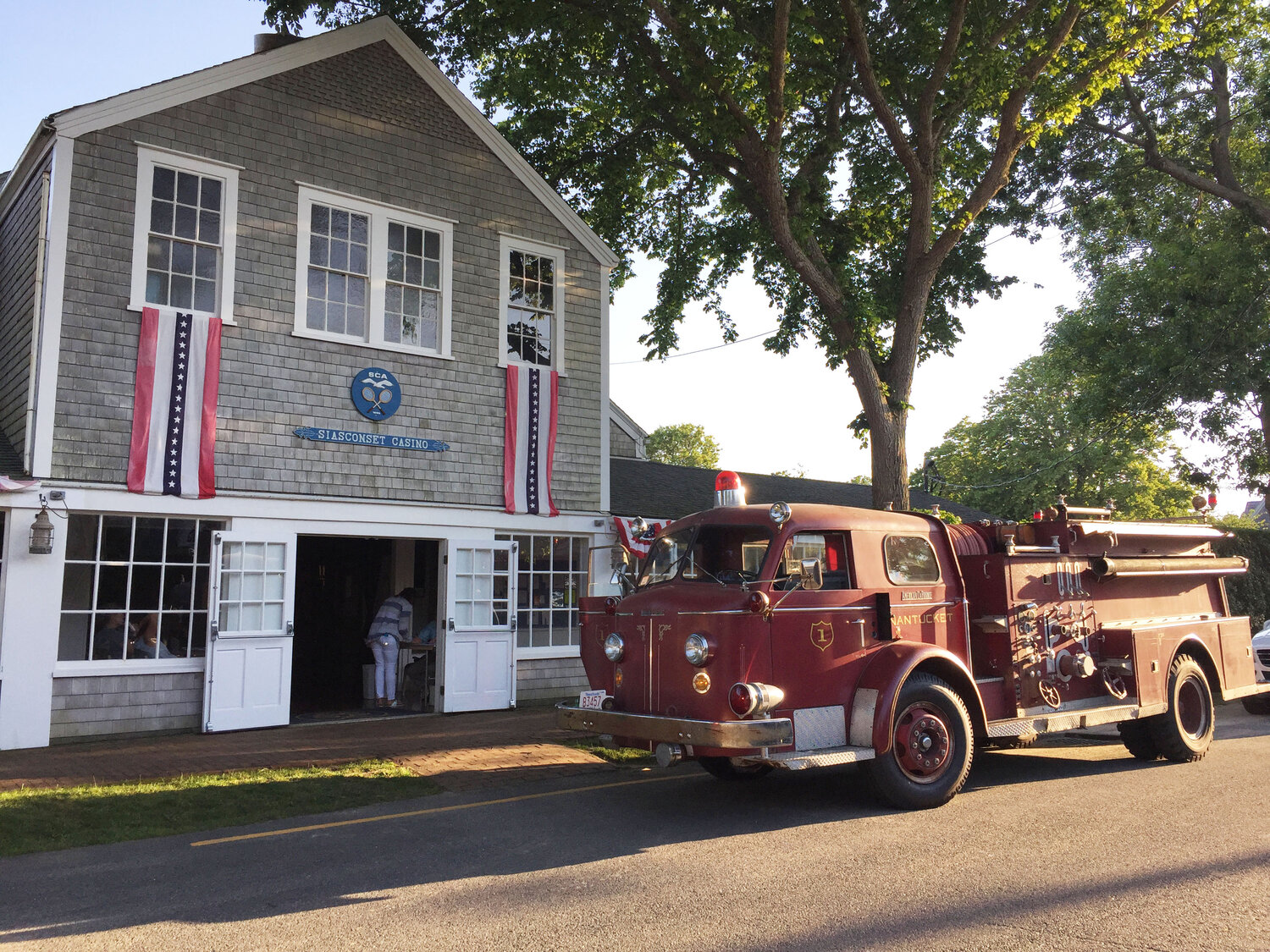 Mary Longacre's 1957 fire engine at the Sconset Casino, July 6, 2016, honoring retired Sconset firefighters at the Sconset Trust’s annual meeting.