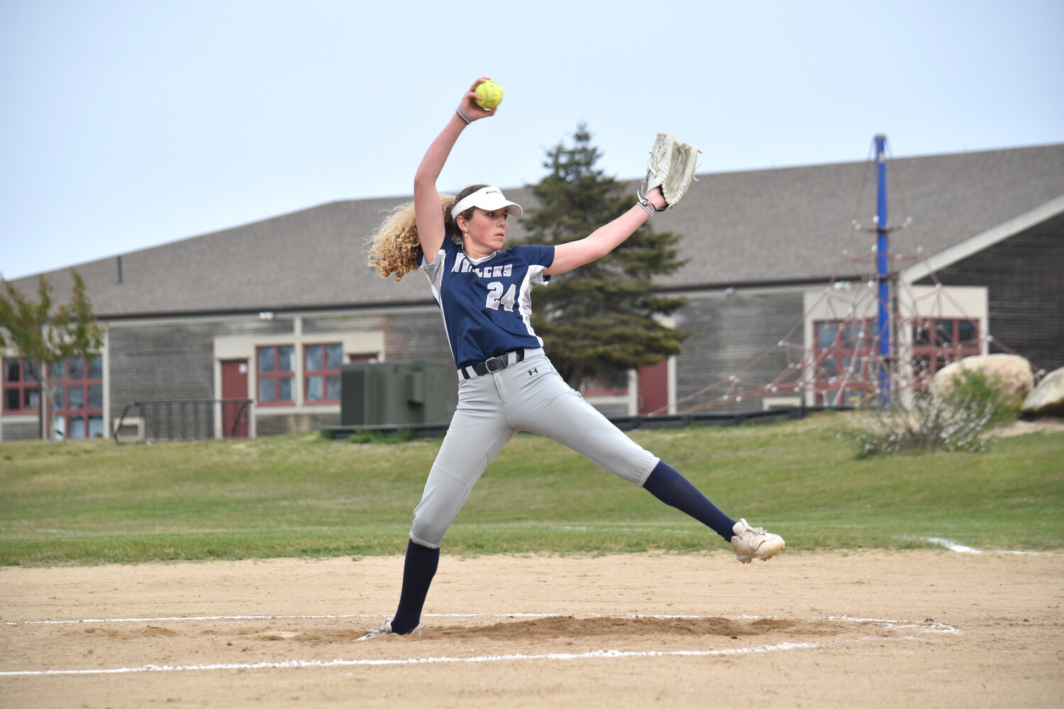 Seren Cristler delivers a pitch during the Whalers’ 19-0 loss last Friday at home against Sturgis West.
