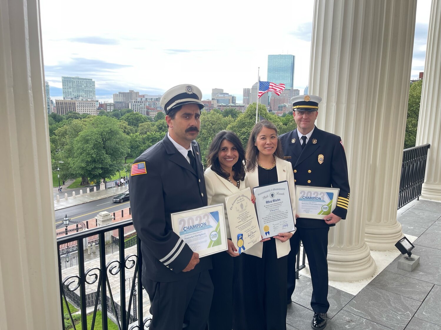 From left to right: NFD captain Nate Barber, Nantucket PFAS Action Group founders Ayesha Khan and Jamie Honkawa, and NFD deputy chief Sean Mitchell.