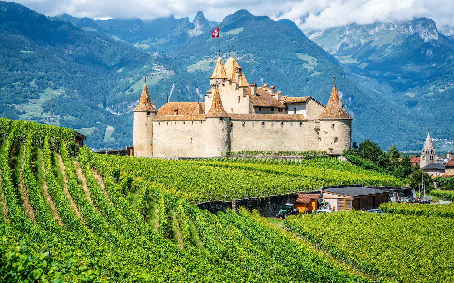 Aigle Castle in Vaud, Switzerland. Vaud is the largest wine-producing canton, or district, in the country.