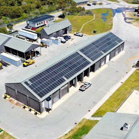 A rendering of the Surfside wastewater treatment facility with its roof covered in solar panels.