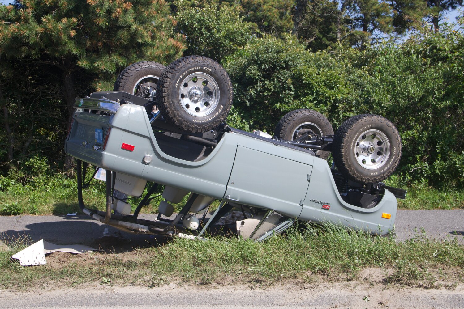 This vintage Ford Bronco rolled with a family of five inside rolled over on Bartlett Road Saturday afternoon.