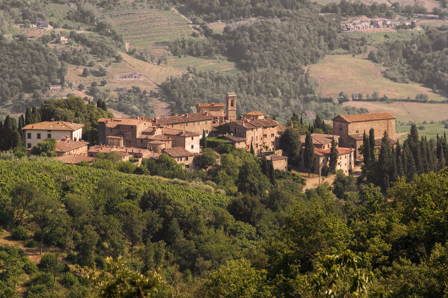 The Italian village of Volpaia, where the highest Chianti vineyards sit at 2,130 feet, warmed by Mediterranean sea breezes from the west.