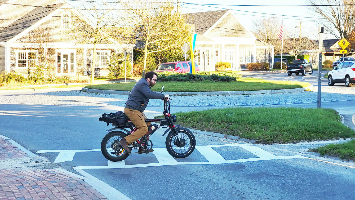 An e-bike in the crosswalk of the Sparks Avenue rotary.
