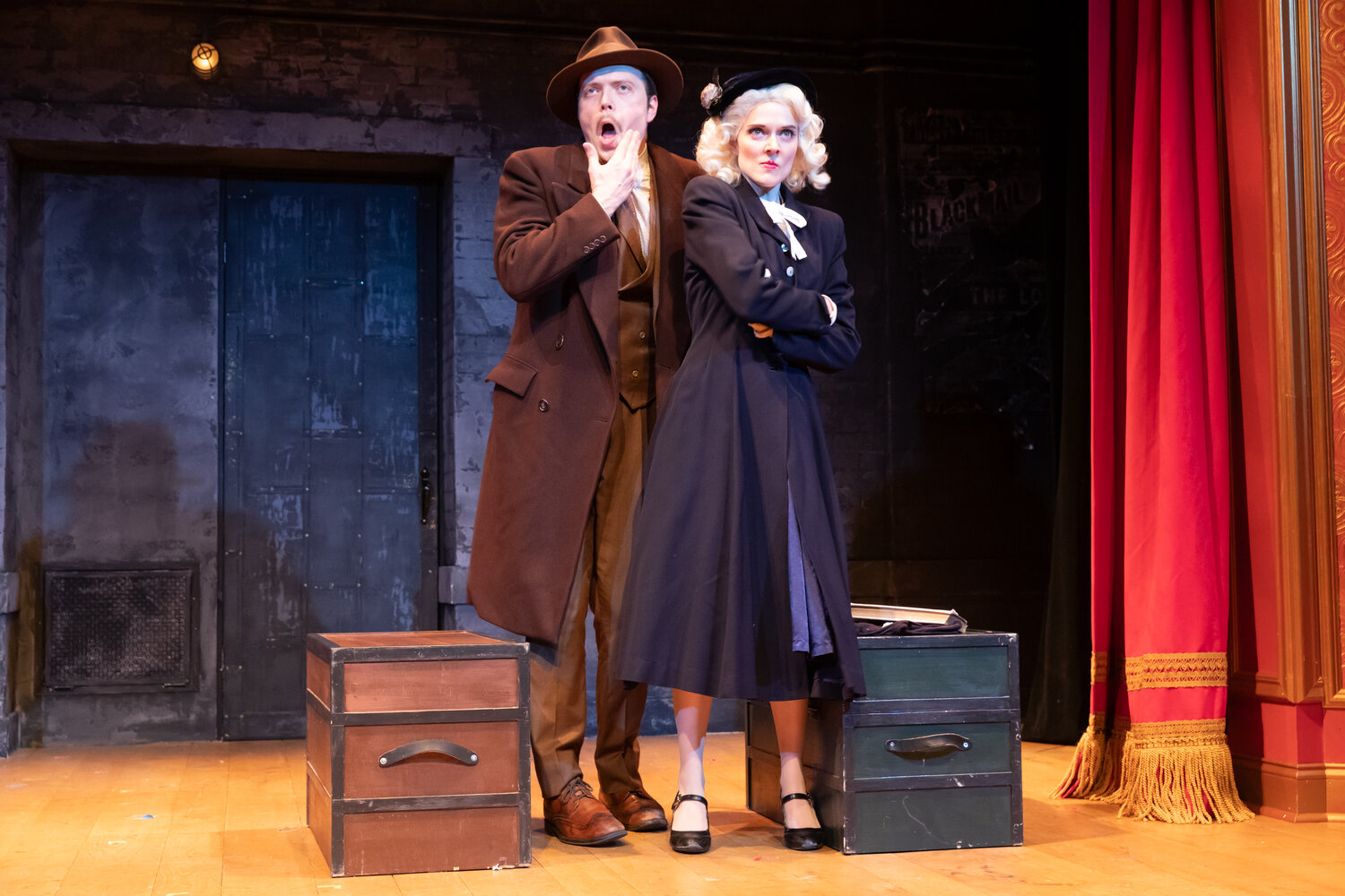 James Taylor Odom and Kristen Hahn on stage in White Heron Theatre’s production of “The 39 Steps.”