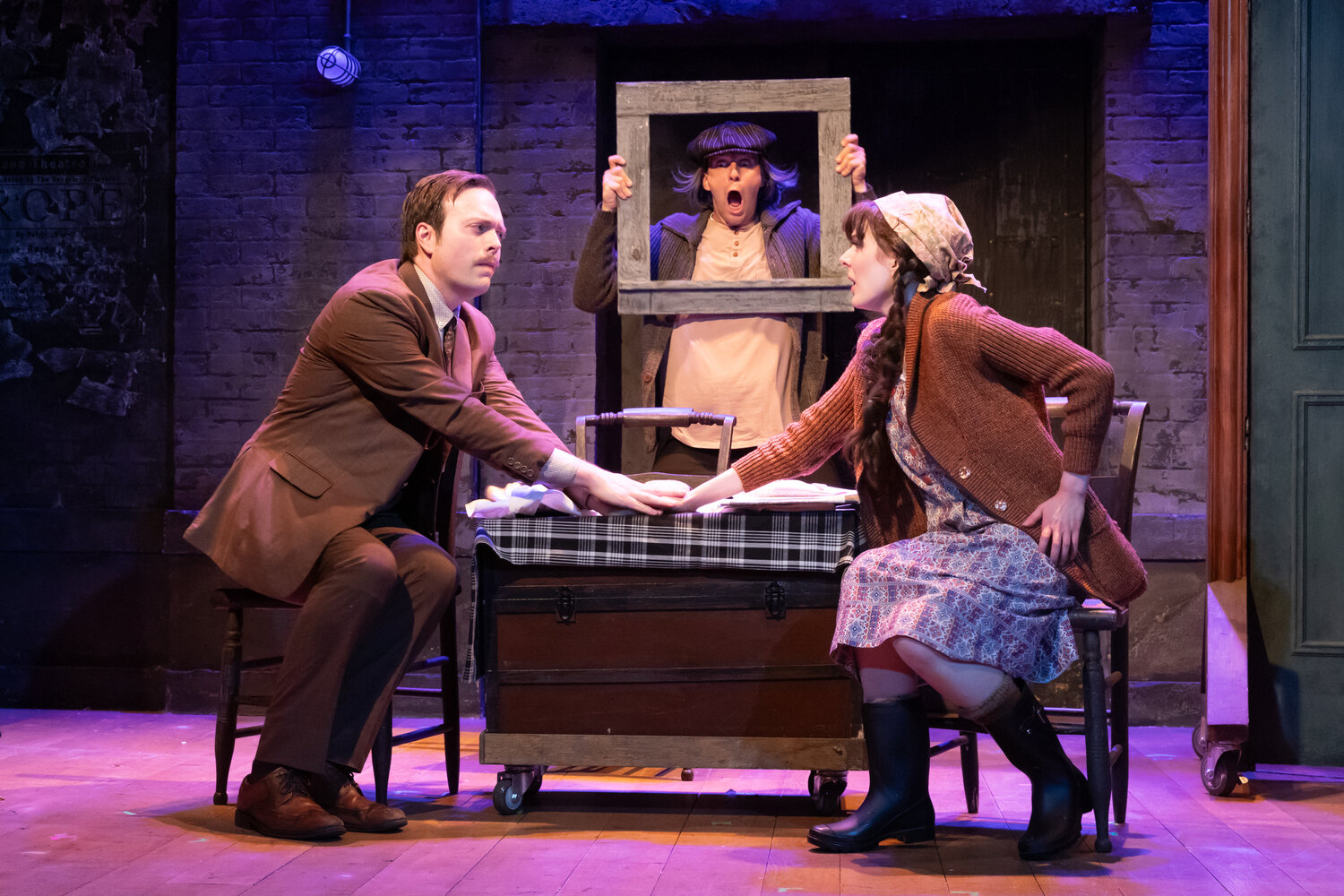 From left, James Taylor Odom, Seth Andrew Bridges and Kristen Hahn in the White Heron Theatre Company’s production of “The 39 Steps,” on stage through Aug. 24.