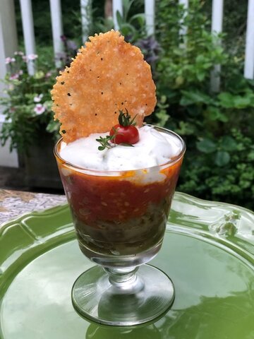 This Savory Eggplant Trifle is a layered concoction of roasted eggplant, cherry tomato pulp and whipped ricotta, topped with a Parmesan crisp.