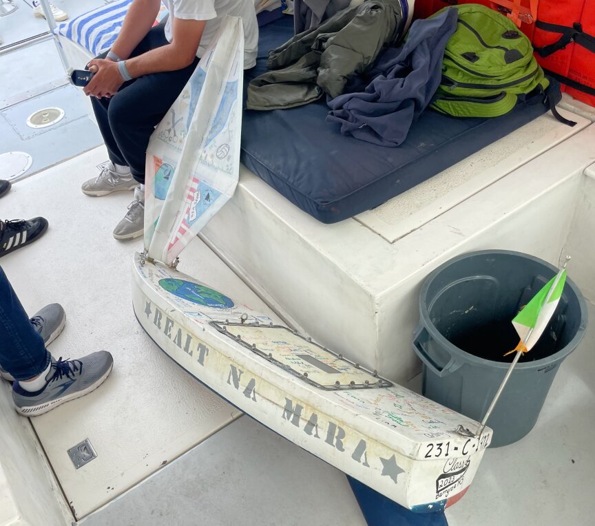 One of three mini-boats found in the waters around the island this summer. The vessels, equipped with GPS tracking devices, are part of a program called Educational Passages that teaches students about the weather, wind and ocean currents.