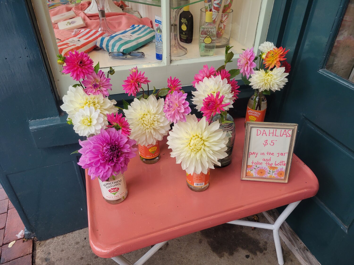 Knutti’s dahlia blooms for sale outside Nantucket Pharmacy on Main Street.