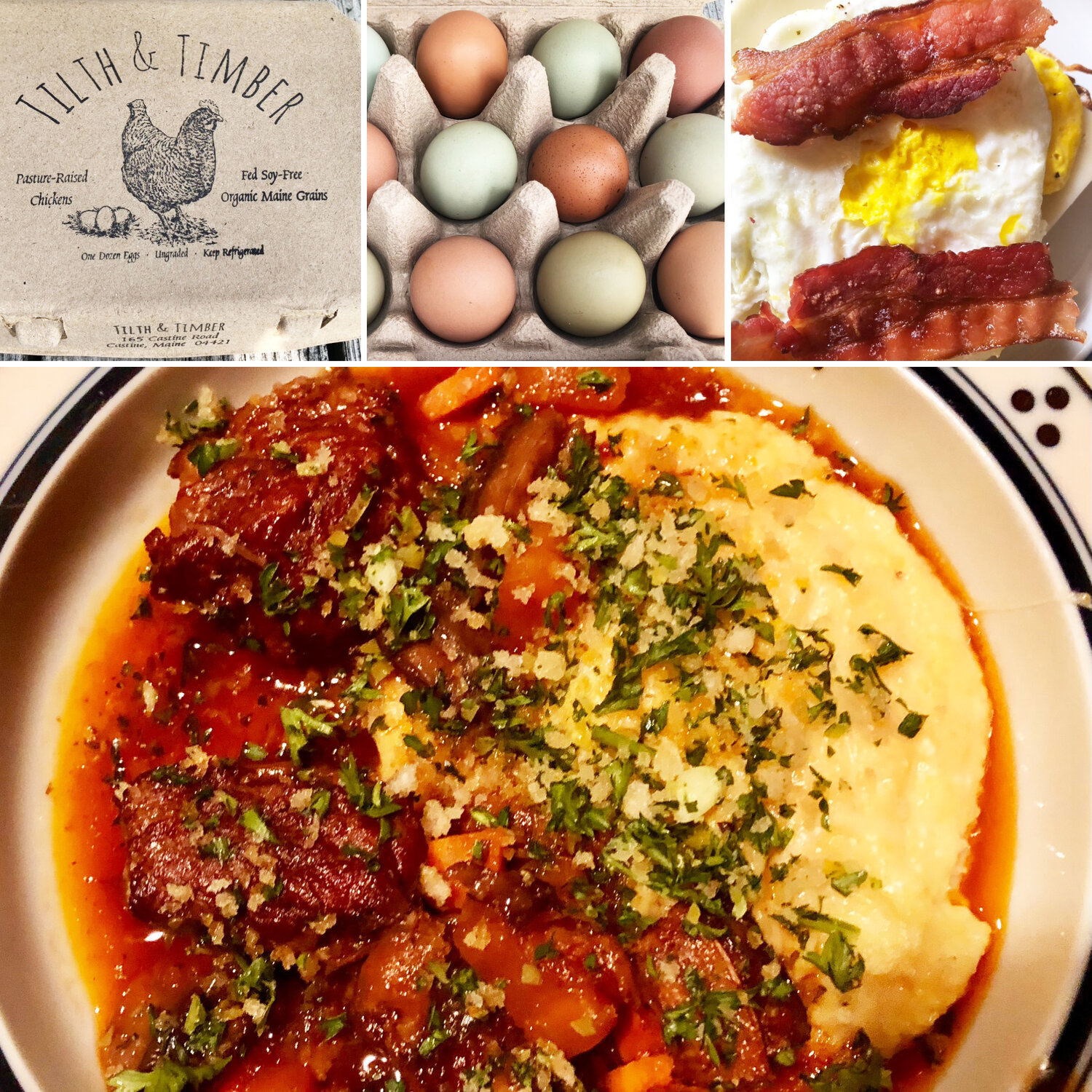 A recent trip to Maine revealed the deliciousness of Tilth & Timber’s organic pullet eggs, top, and Beef Short Rib Bourguignon with Garlicky Panko Gremolata, bottom.