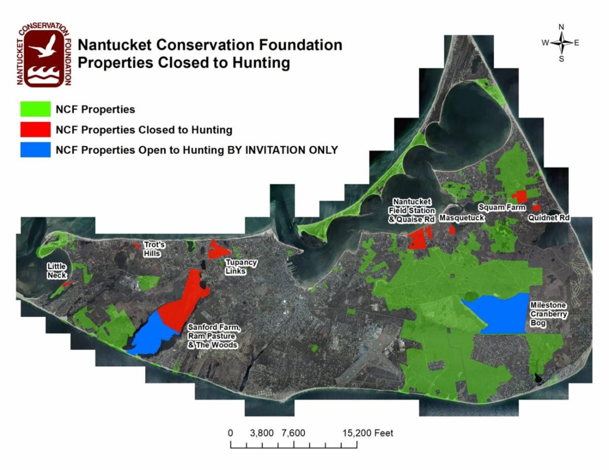 This map indicates what Nantucket Conservation Foundation properties are open to deer hunting.