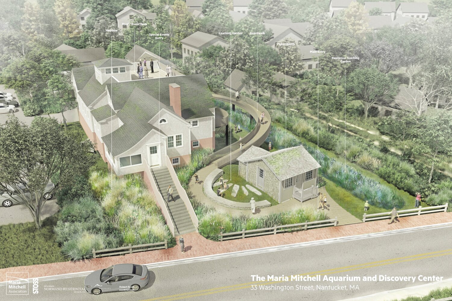 A rendering of the new aquarium and learning center the Maria Mitchell Association is hoping to build on Washington Street across from its current aquarium by 2029.