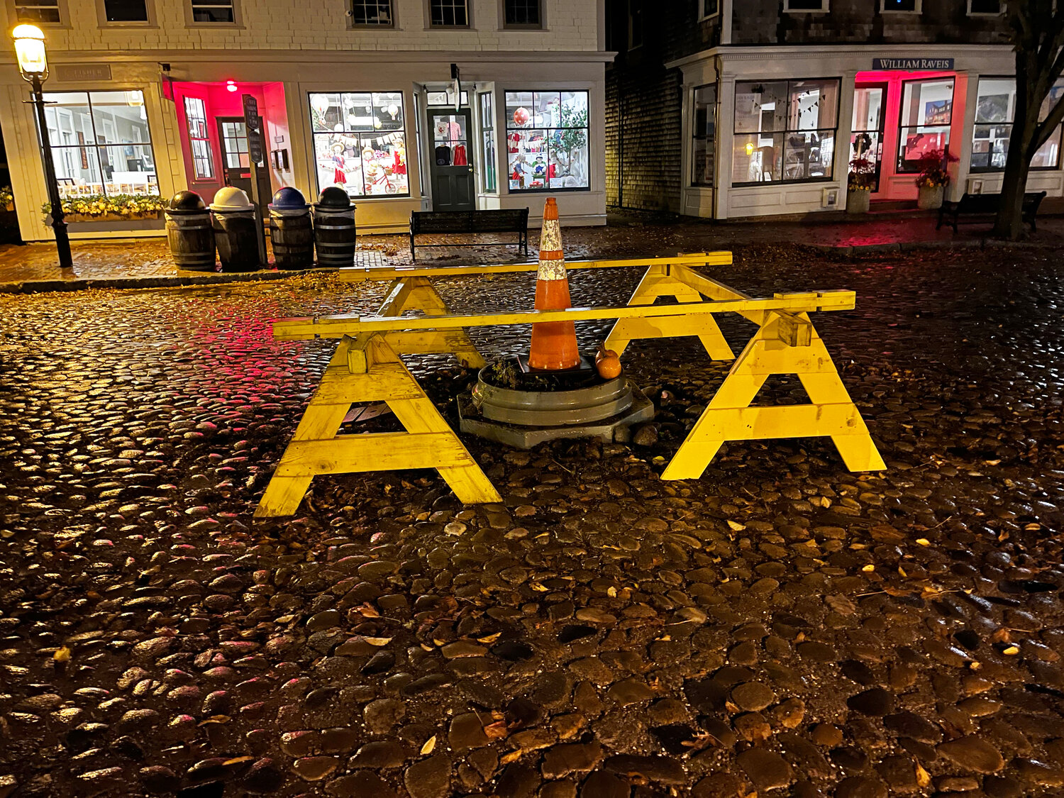 All that remained Monday morning were sawhorses surrounding the base of the fountain with a plastic orange traffic cone in the middle. The iconic fountain was struck by a vehicle Sunday night.