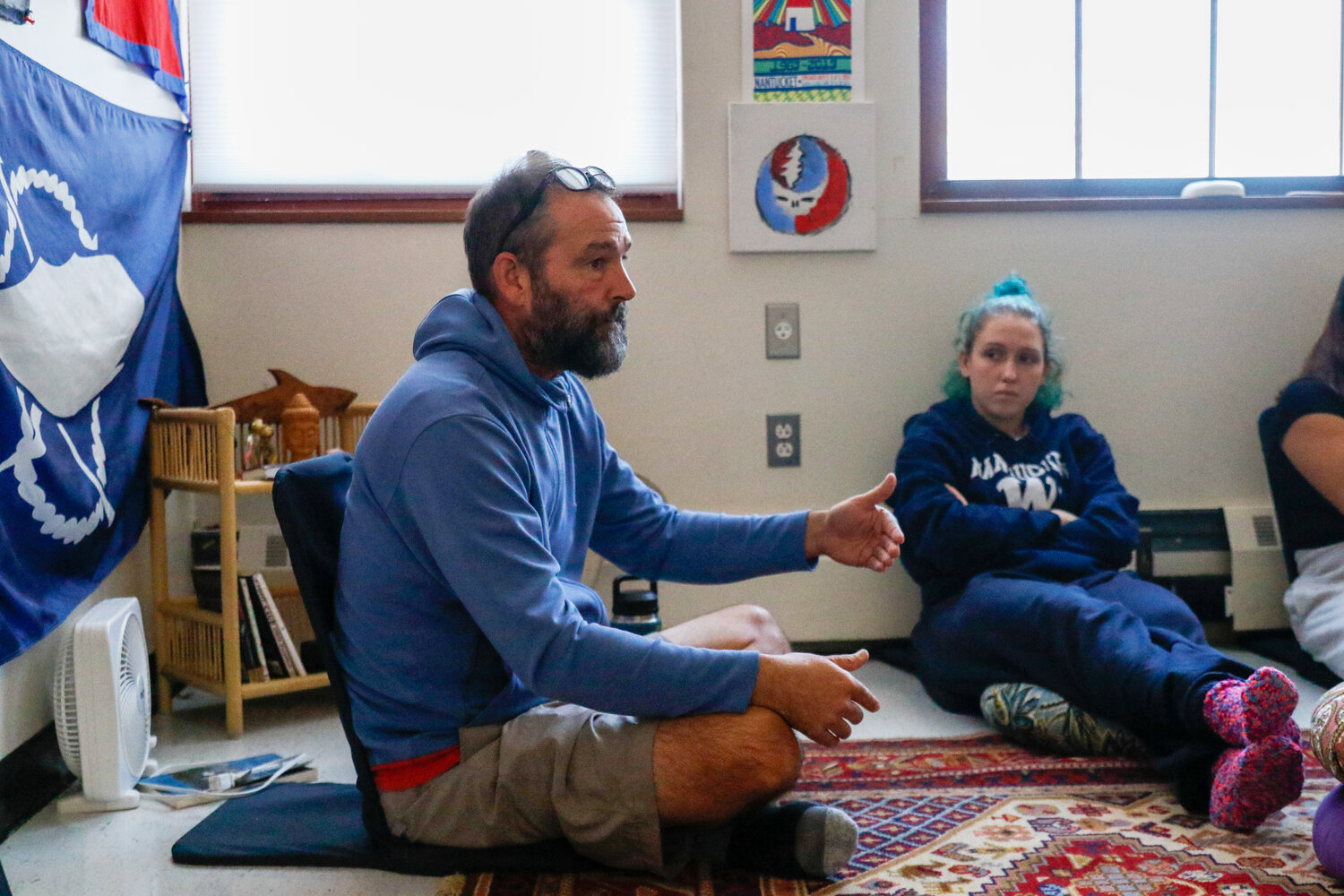 Nantucket High School educational success program coordinator and varsity volleyball coach Andrew Viselli leads a meditation class last month.