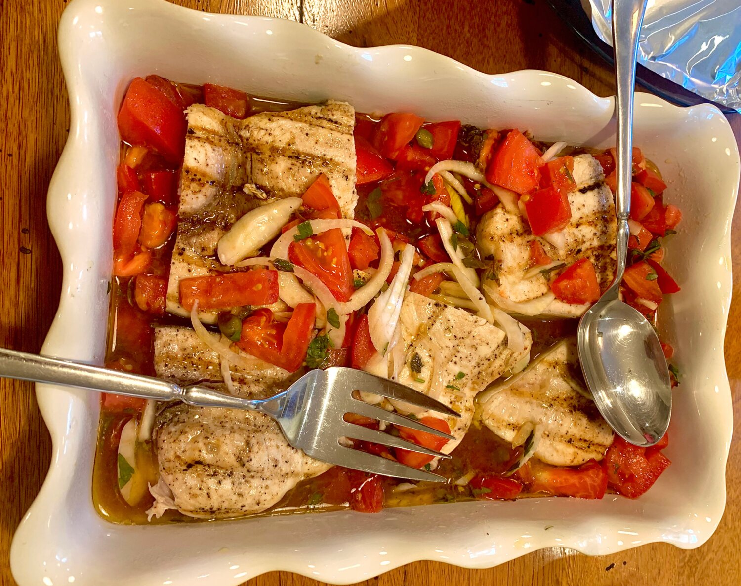 This swordfish escabeche, with tomatoes and fennel, is enough to feed a crowd, especially when preceded by cold cucumber soup.