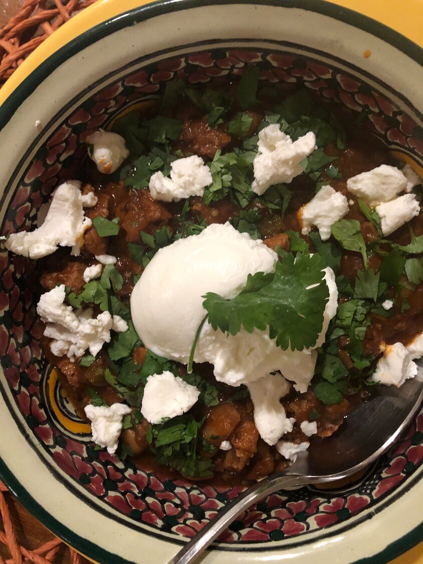 This Lamb and White Bean Chili is rich, lightly spiced and topped with Greek yogurt instead of sour cream.