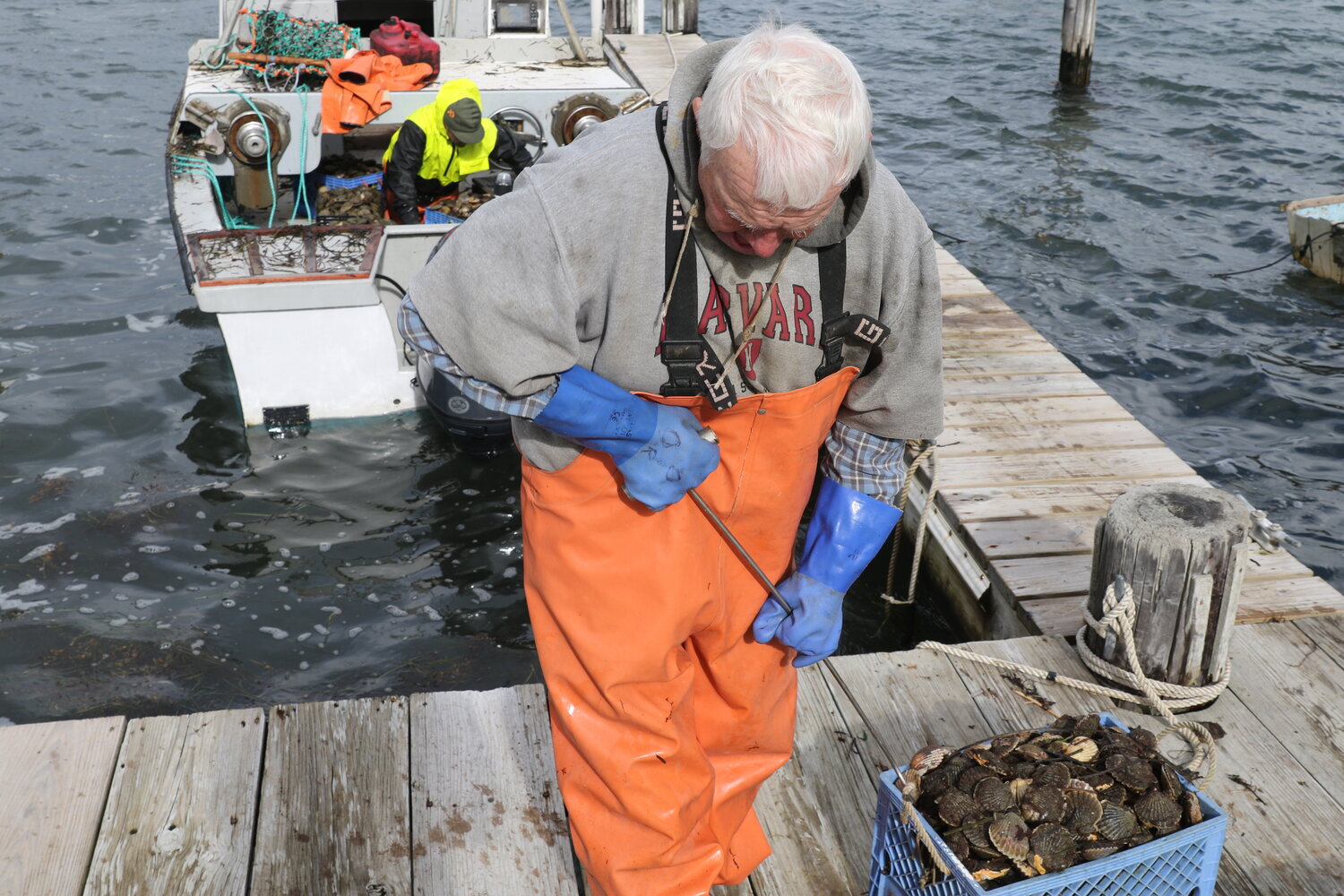 Carl Sjolund unloads a crate of scallops on opening day last Wednesday.