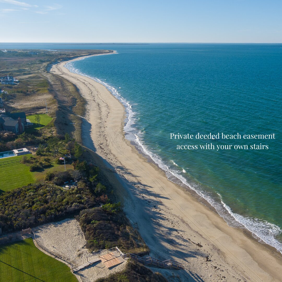 This drone photo shows the property’s private deeded beach access and stairs.