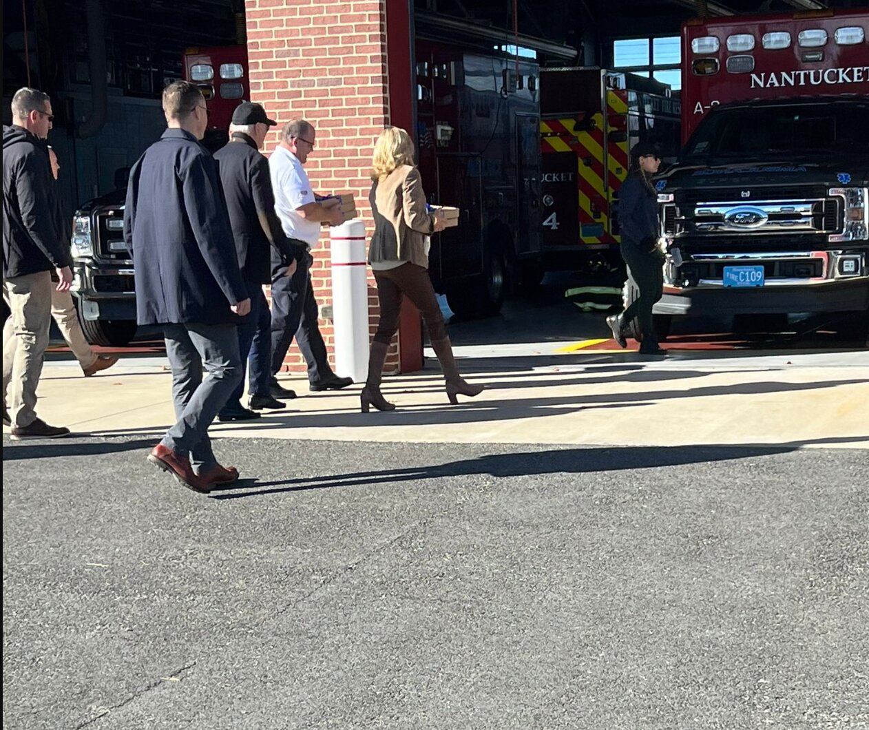President Joe Biden and first lady Jill Biden made a quick trip to the Nantucket Fire Department Thanksgiving to deliver holiday pies to the firefighters.