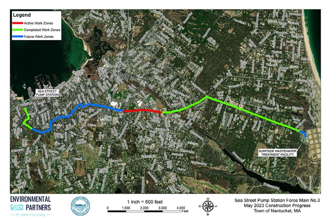The route of the new sewer main being installed between the Sea Street pump station and the Surfside wastewater treatment facility.