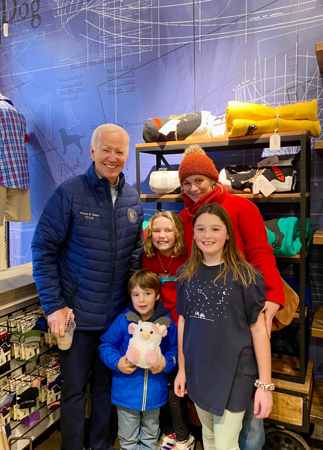 Biden with Christy Bassett Baker, Rosey Baker, Una Wixted and Desmond Wixted inside Black Dog Saturday.