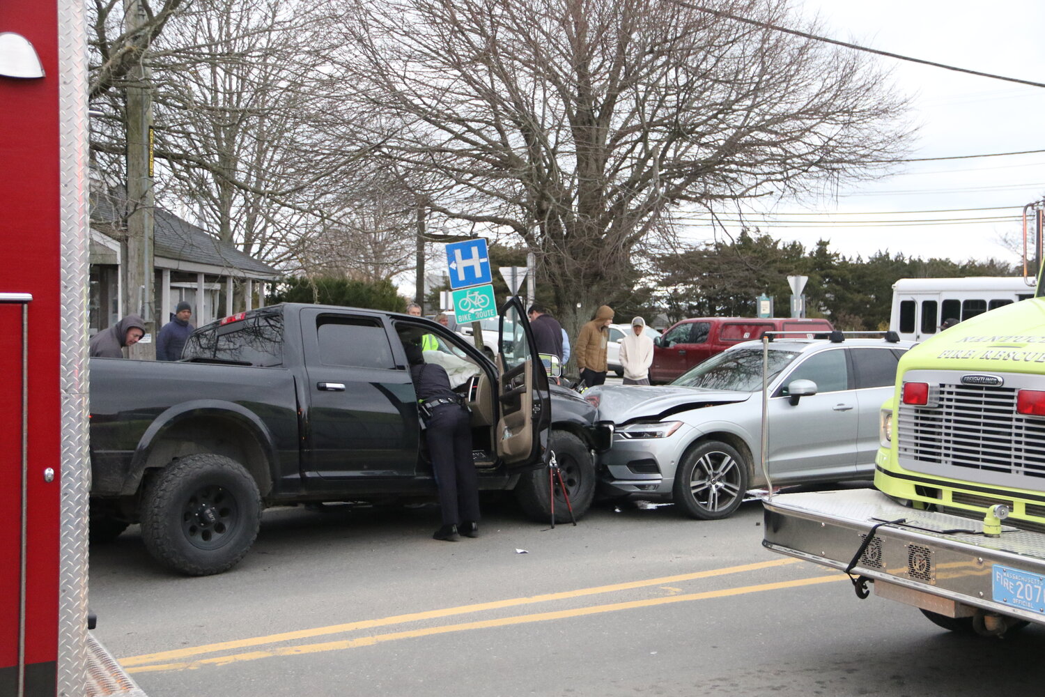 One person was transported to Nantucket Cottage Hospital Wednesday following a head-on collision at the Milestone Rotary.