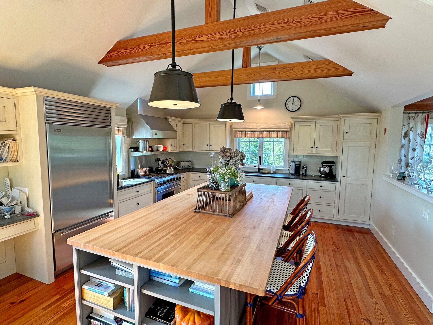 The gourmet kitchen has a large butcher-block center island and high-end appliances from Viking, Sub-Zero and Bosch.