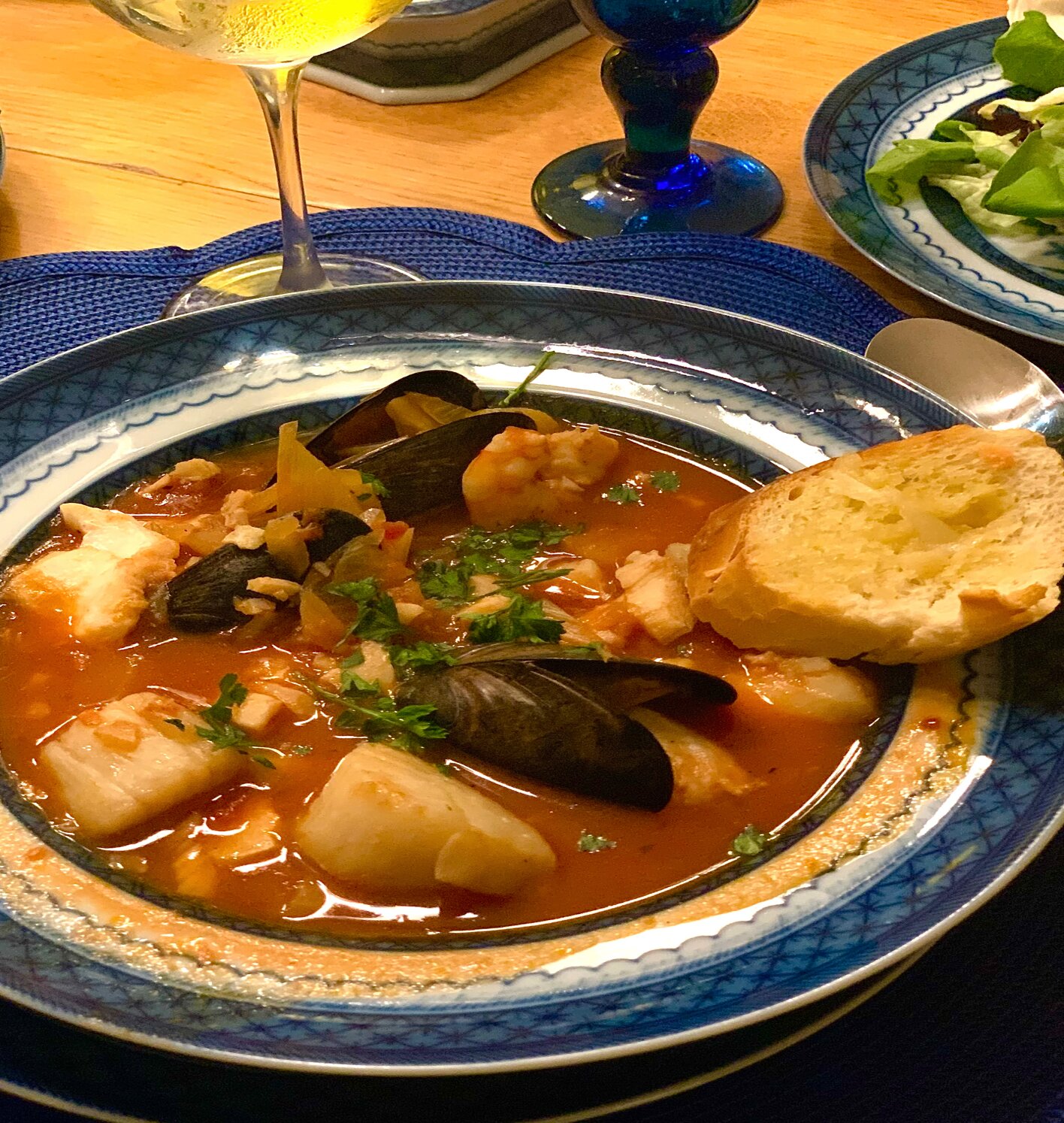 Nantucket home chef Margit Baker’s seafood stew is overflowing with fresh white fish, scallops, shrimp and clams.