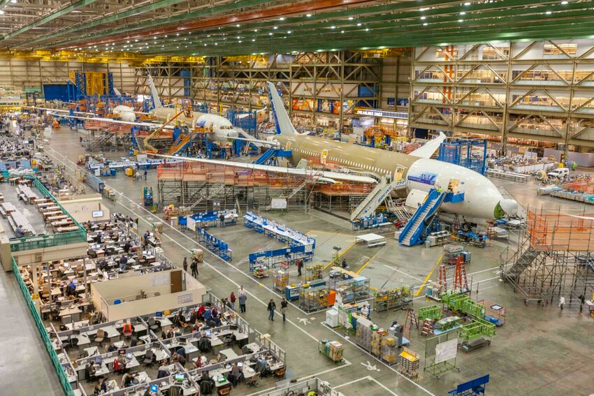 Boeing Factory workers assemble Boeing 787 airliners at the Boeing factory in Everett.