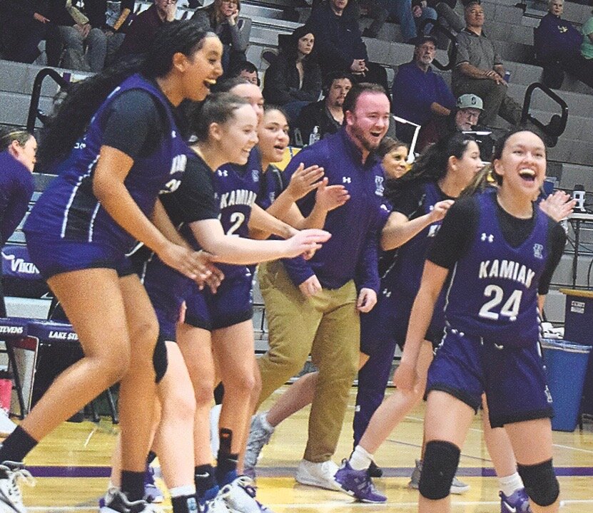 Kamiak’s Bella Hasan (24) celebrates the Knights’ 67-59 victory over Lake Stevens Thursday, Feb. 15, at Lake Stevens High School. The Knights advanced to the state regional tournament for the first time in seven years.